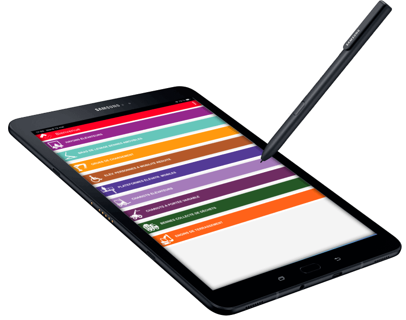 tablette outil en ligne manutest Tablette numérique affichant l'application Manutest de suivi des vérifications réglementaires d'appareils de levage