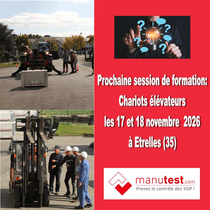 Annonce de la prochaine session de formation Manutest pour la vérification réglementaire des chariots élévateurs - novembre
