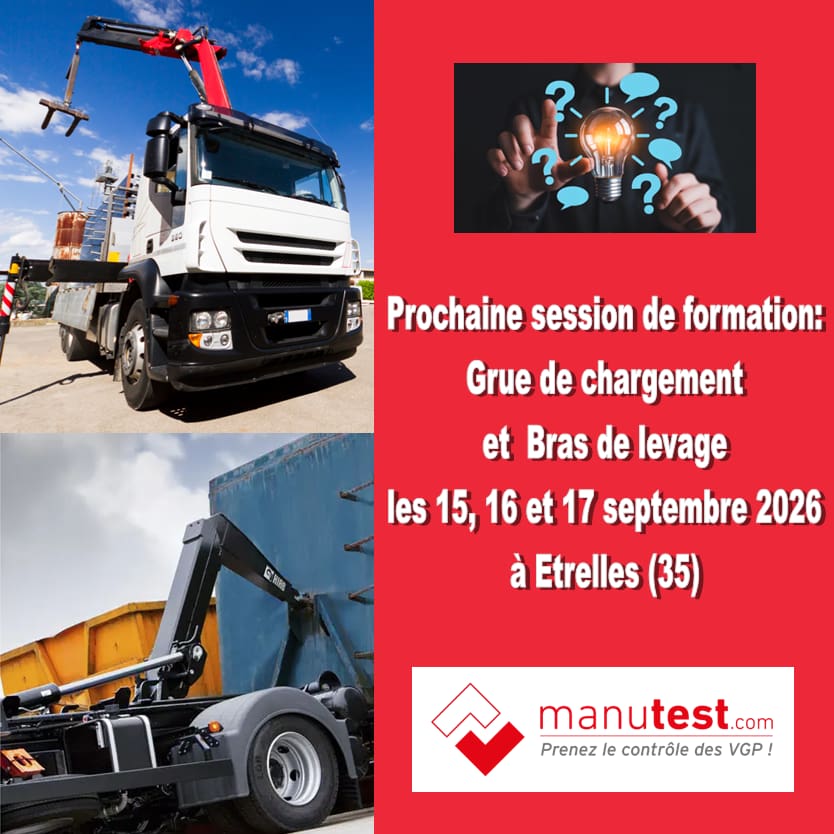 Annonce de la prochaine session de formation Manutest pour la vérification réglementaire des grues de chargement à bras - septembre
